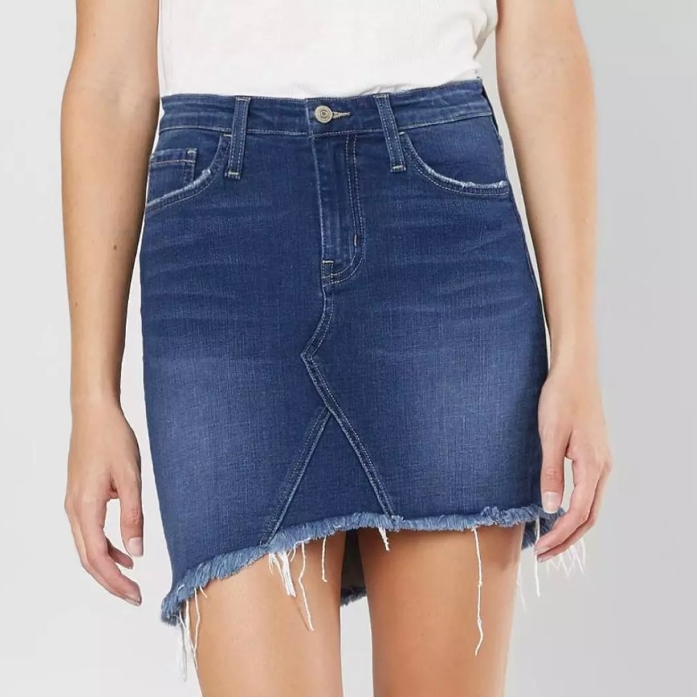 Flying Monkey Frayed Hem High Rise Asymmetrical Denim Stretch Jean Skirt Sz 26
